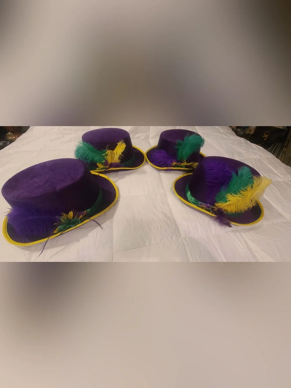 4 Purple Mardi Gras Feather Trim Top Hat with Green Band - Unbranded